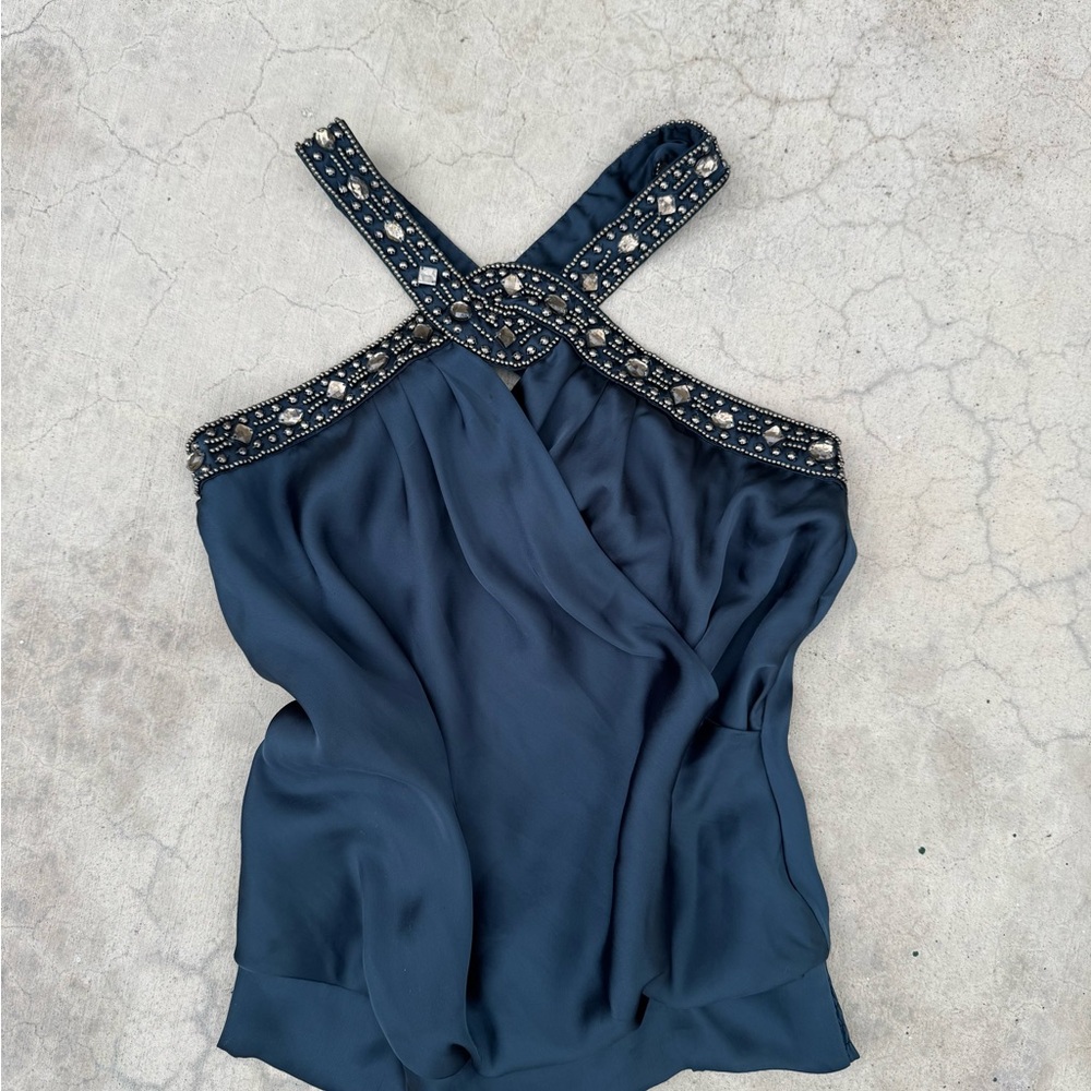 Bebe Blue Silk Beaded Criss Cross Top